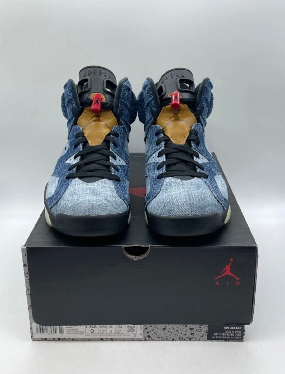 Jordan 6 Retro Washed Denim 9 (Lightly Worn Pre-Owned)JordanWashed Denim/Sail-Varsity Red-Black - Image 2