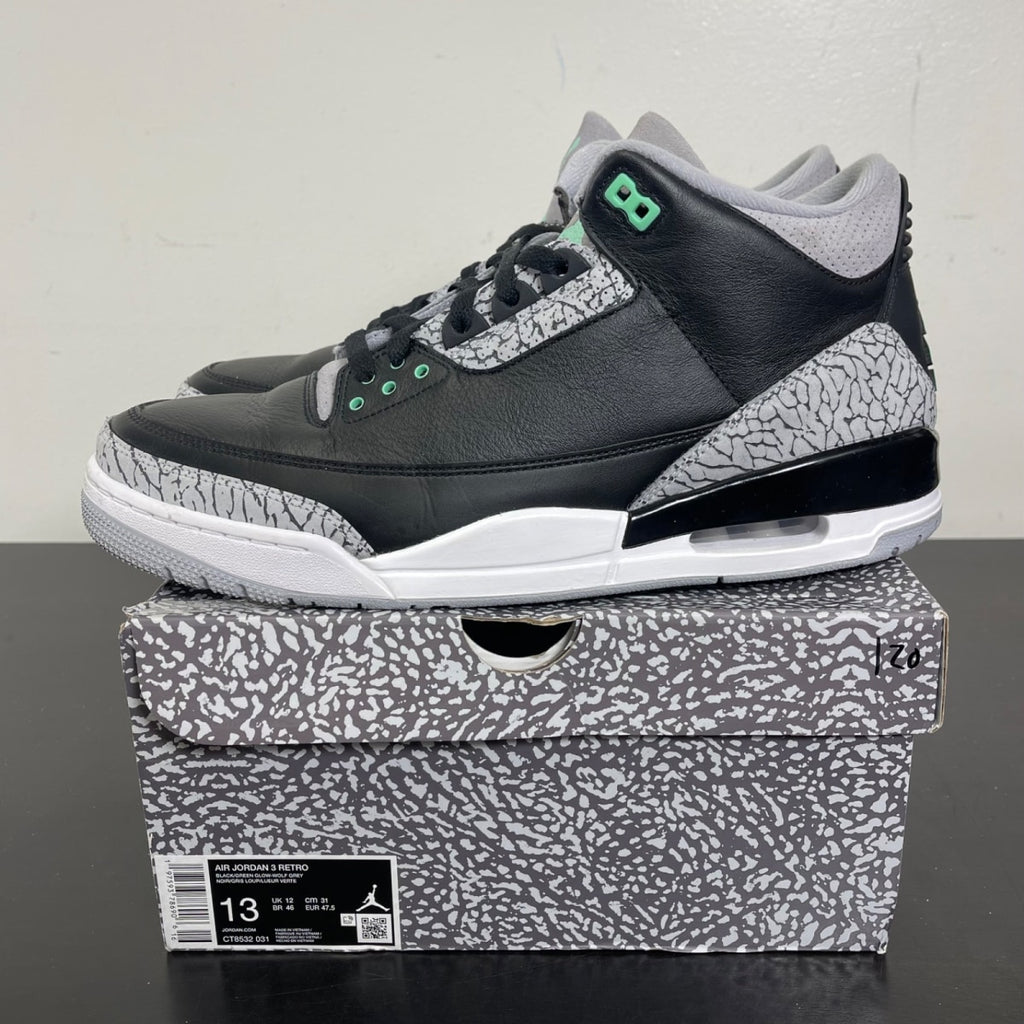 Jordan 3 Retro Green Glow 13 (Moderately Worn Pre-Owned)JordanBlack/Green Glow/Wolf Grey/White - Image 3