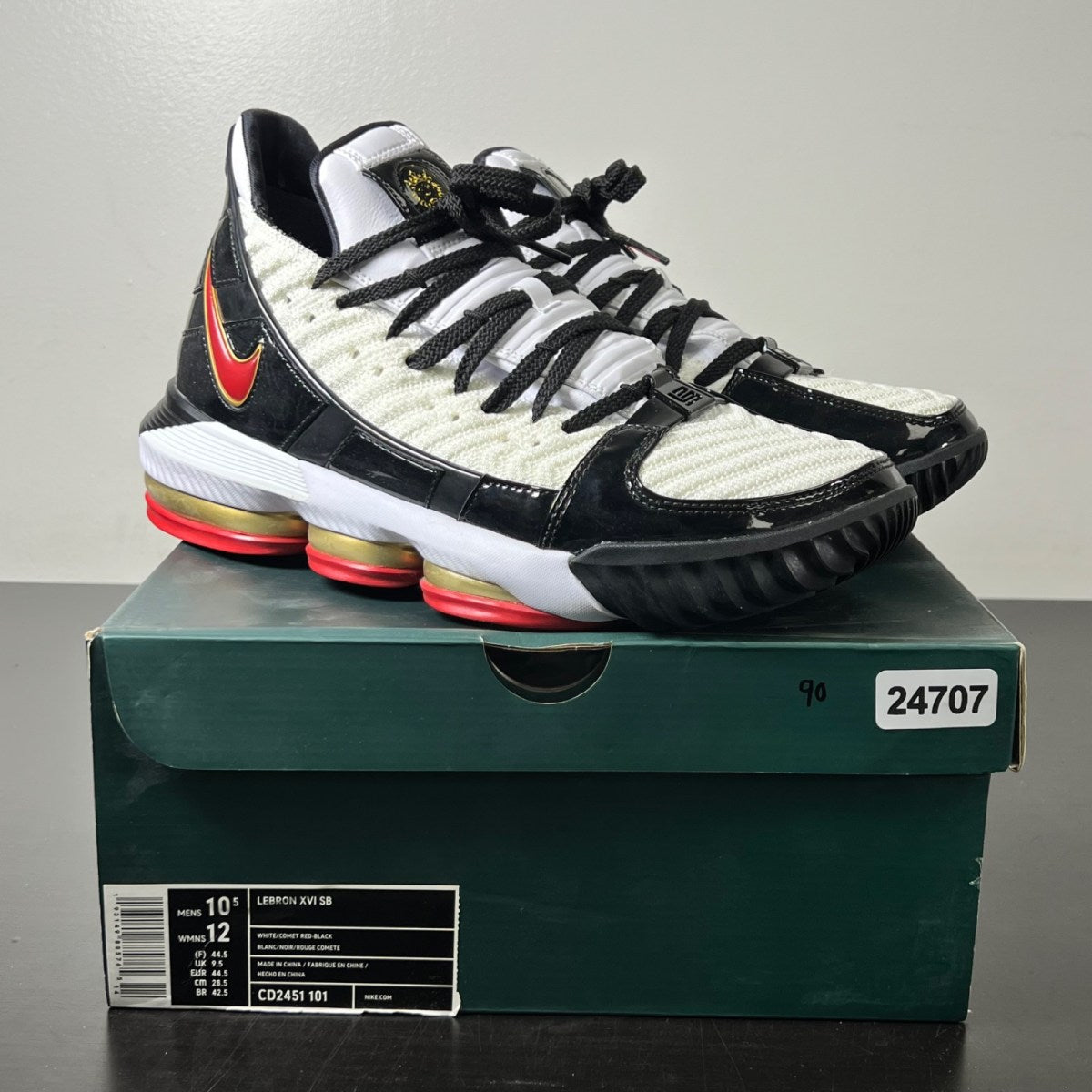 Nike LeBron 16 Remix 10.5 (Lightly Worn Pre-Owned)NikeWhite/Black-Metallic Gold-Varsity Crimson - Image 1