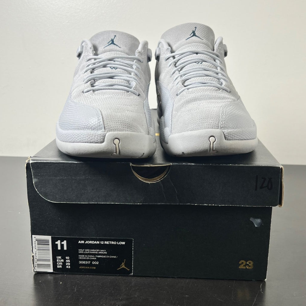 Jordan 12 Retro Low Wolf Grey 11 (Lightly Worn Pre-Owned)JordanWolf Grey/Armory Navy-Electrolime - Image 2