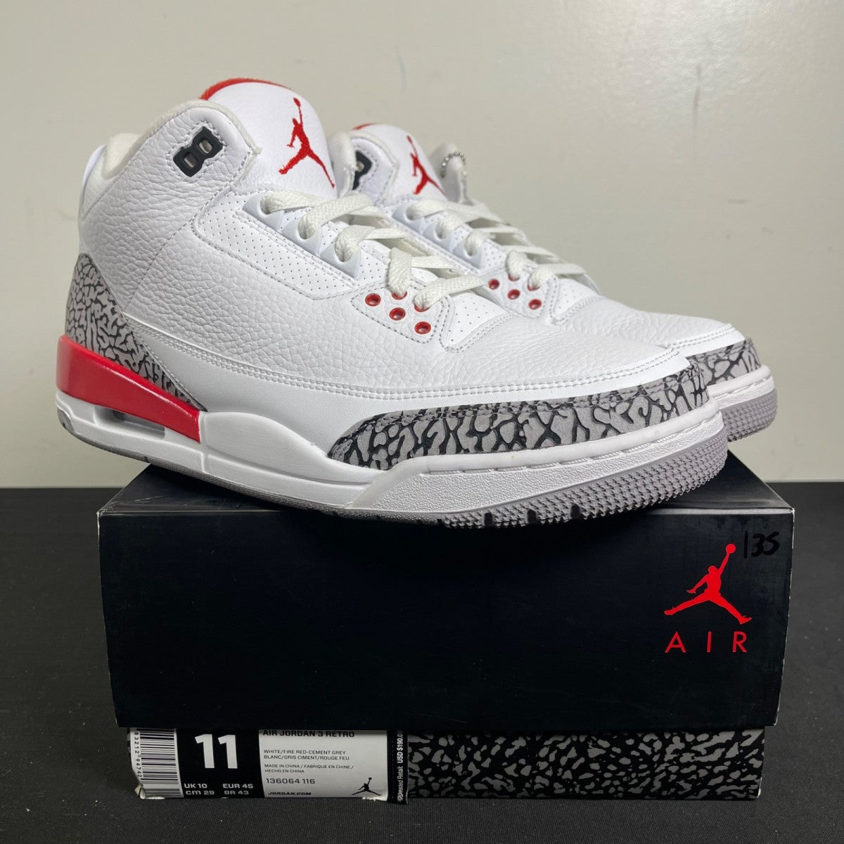 Jordan 3 Retro Hall of Fame 11 (Moderately Worn Pre-Owned)JordanWhite/Fire Red-Cement Grey-Black