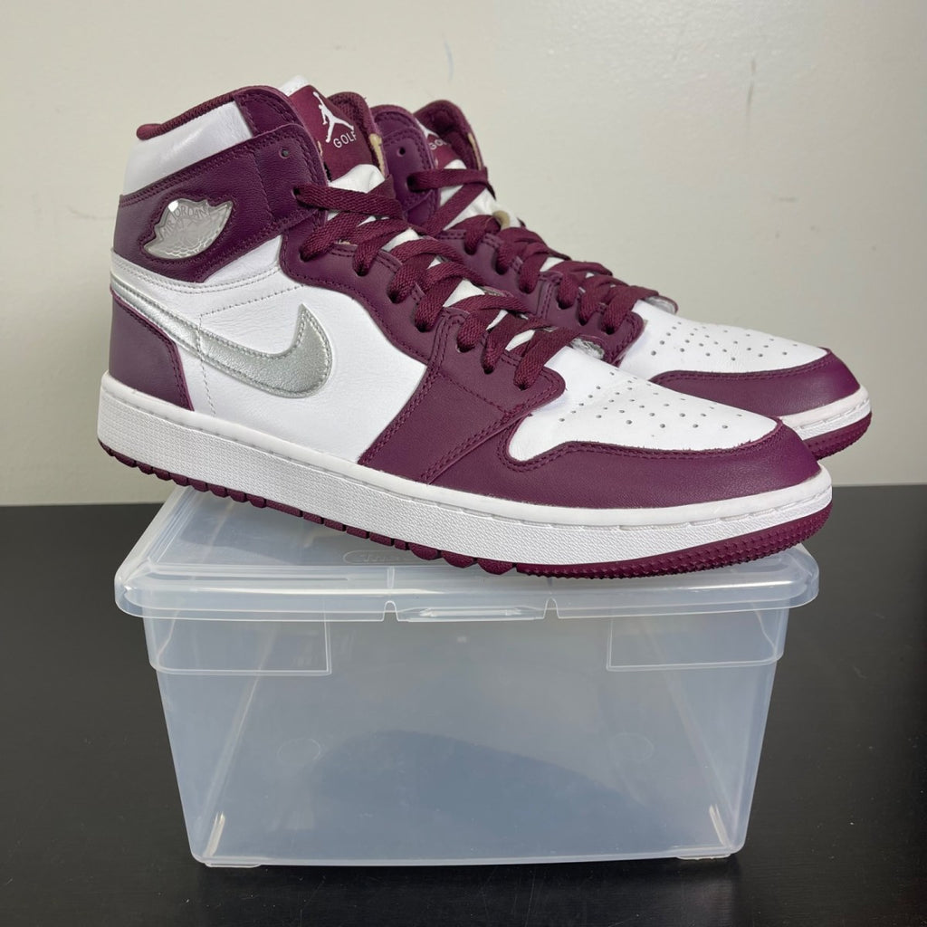 Jordan 1 Retro High Golf Bordeaux 12 (Moderately Worn Pre-Owned)JordanWhite/Bordeaux-Metallic Silver - Image 1