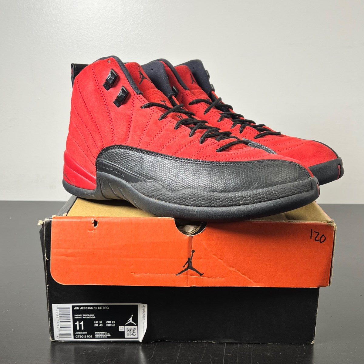 Jordan 12 Retro Reverse Flu Game 11 (Lightly Worn Pre-Owned)JordanVarsity Red/Black - Image 1