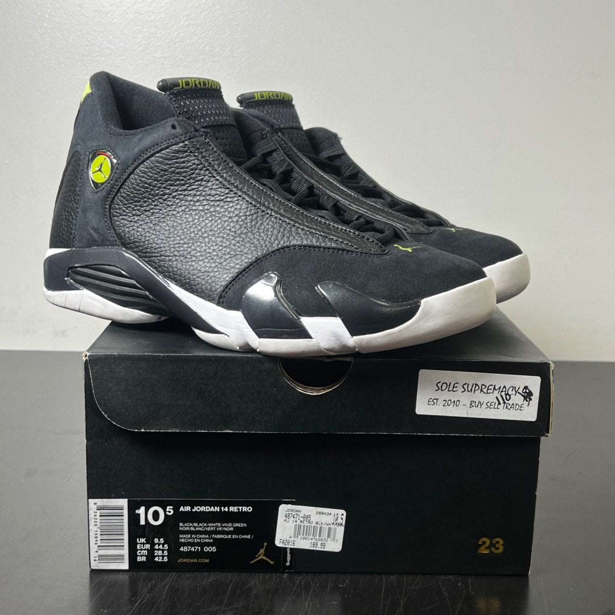 Jordan 14 Retro Indiglo (2016) 10.5 (Lightly Worn Pre-Owned)JordanBlack/White-Indiglo - Image 1