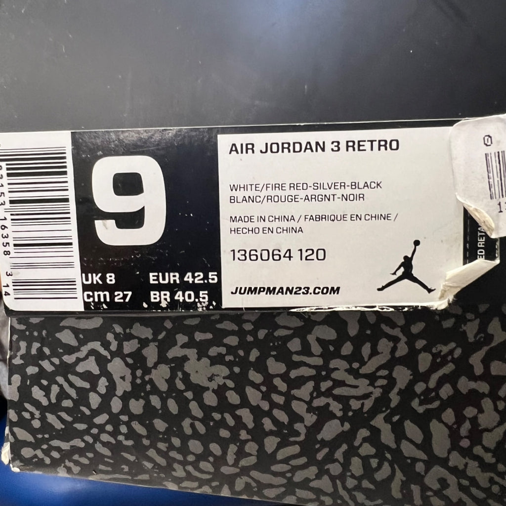 Jordan 3 Retro Fire Red (2013) 9 (Heavily Worn Pre-Owned)JordanWhite/Fire Red-Neutral Grey-Black - Image 7