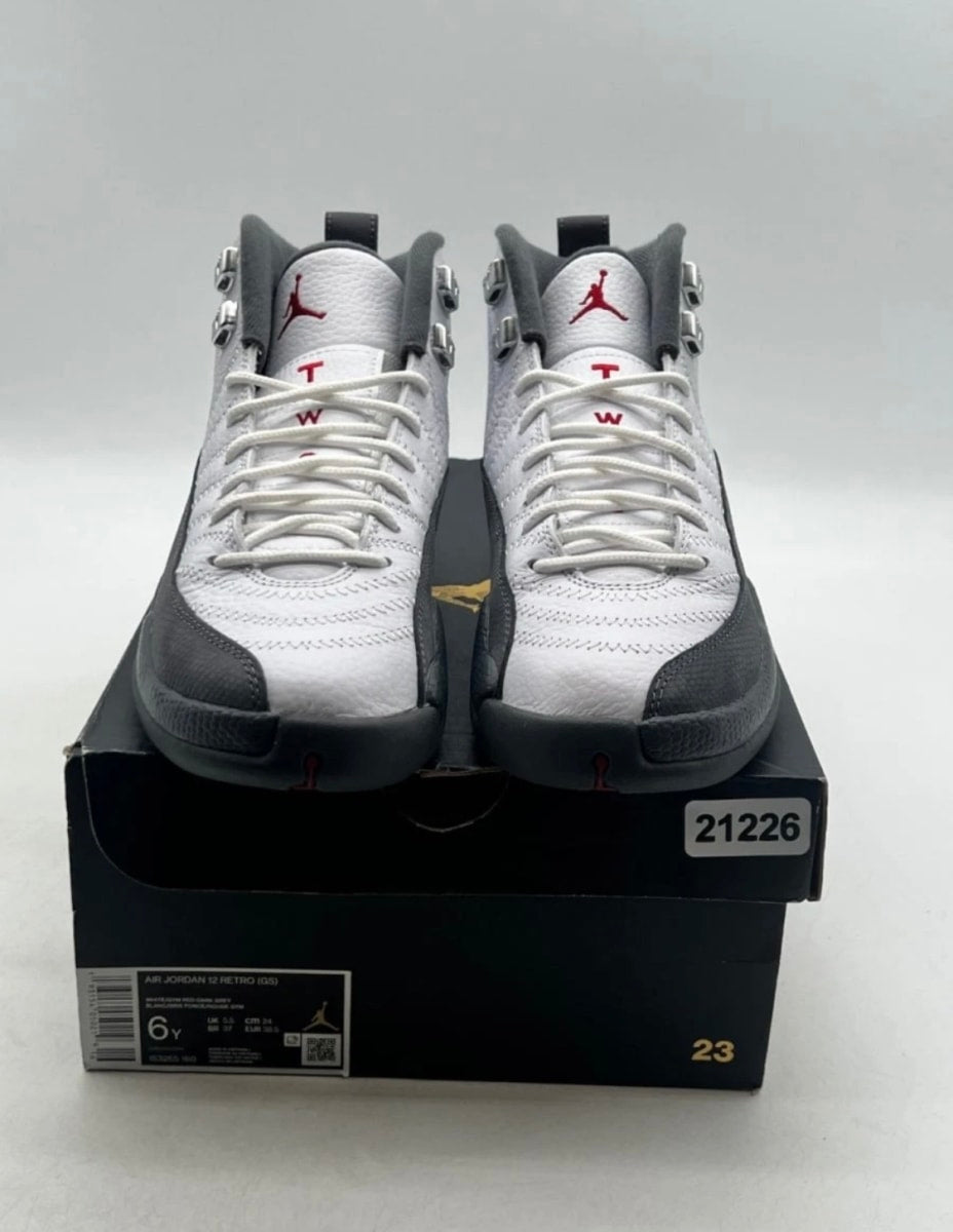 Jordan 12 Retro White Dark Grey (GS) 6Y (Lightly Worn Pre-Owned)JordanWhite/Dark Grey-Gym Red - Image 2