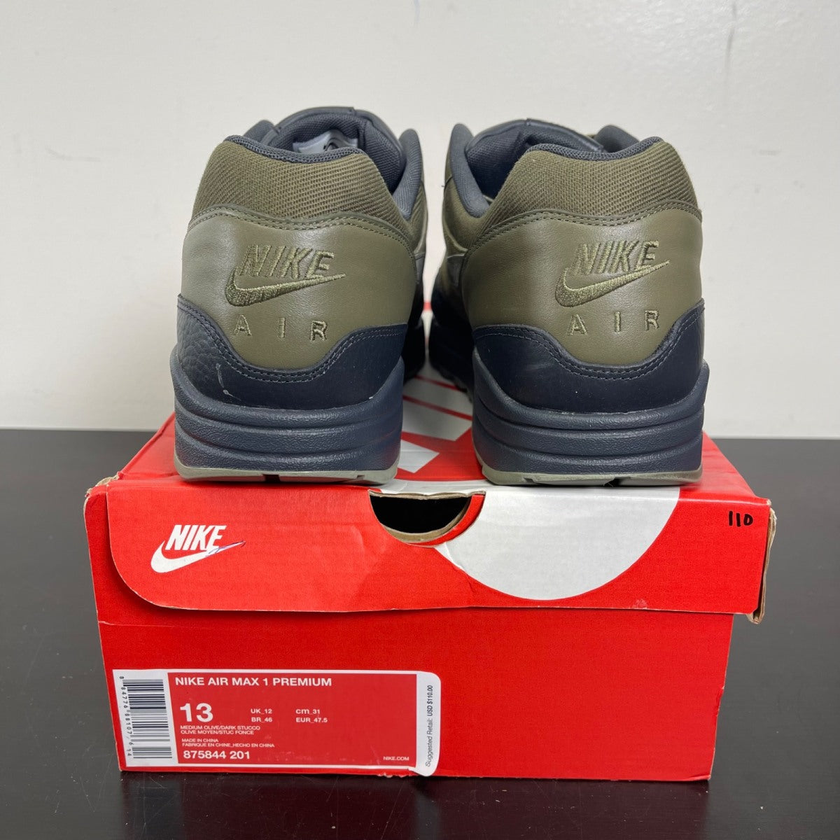 Nike Air Max 1 Premium Dark Stucco 13 (Moderately Worn Pre-Owned)NikeMedium Olive/Dark Stucco-Anthracite - Image 4
