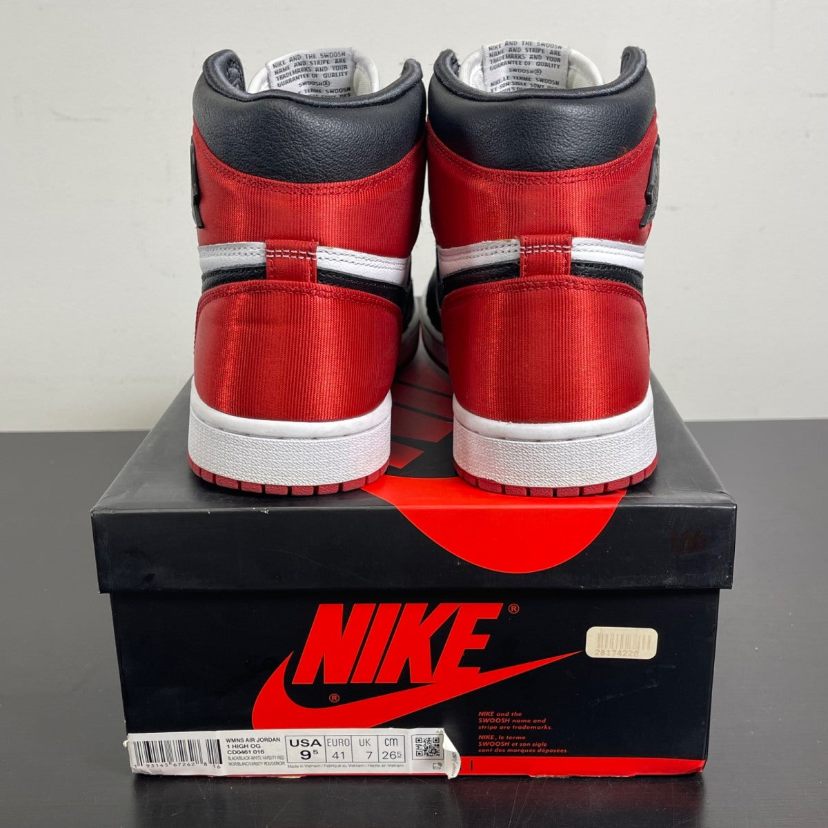 Jordan 1 Retro High Satin Black Toe (Women's) 9.5W (Moderately Worn Pre-Owned)JordanBlack/White-University Red - Image 4