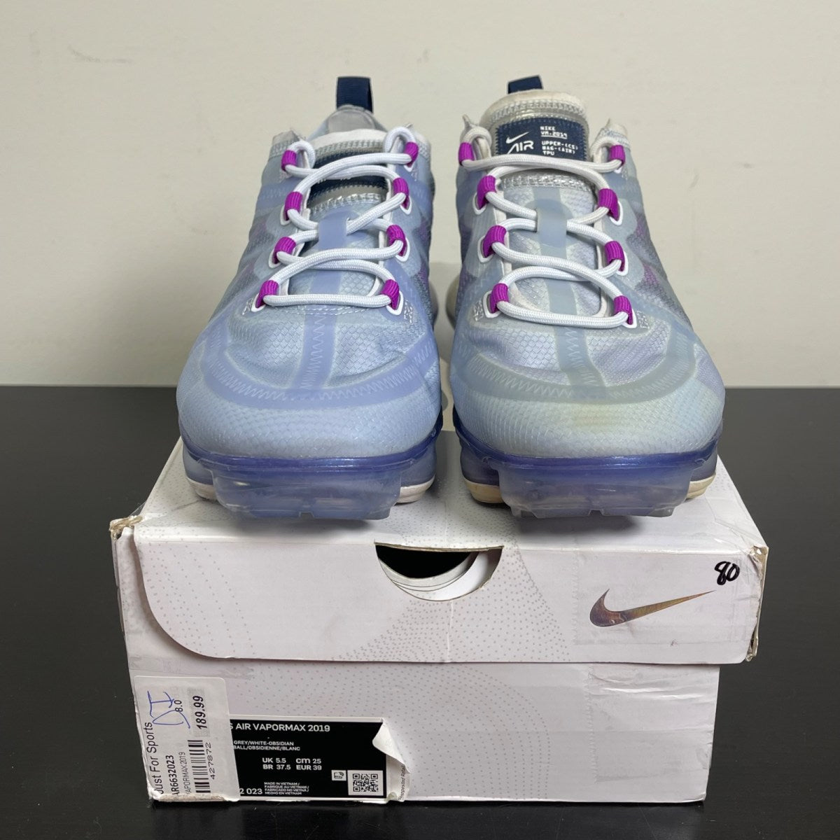 Nike Air VaporMax 2019 Football Grey Obsidian (Women's) 8W (Moderately Worn Pre-Owned)NikeFootball Grey/Obsidian-Metallic Silver-White - Image 2