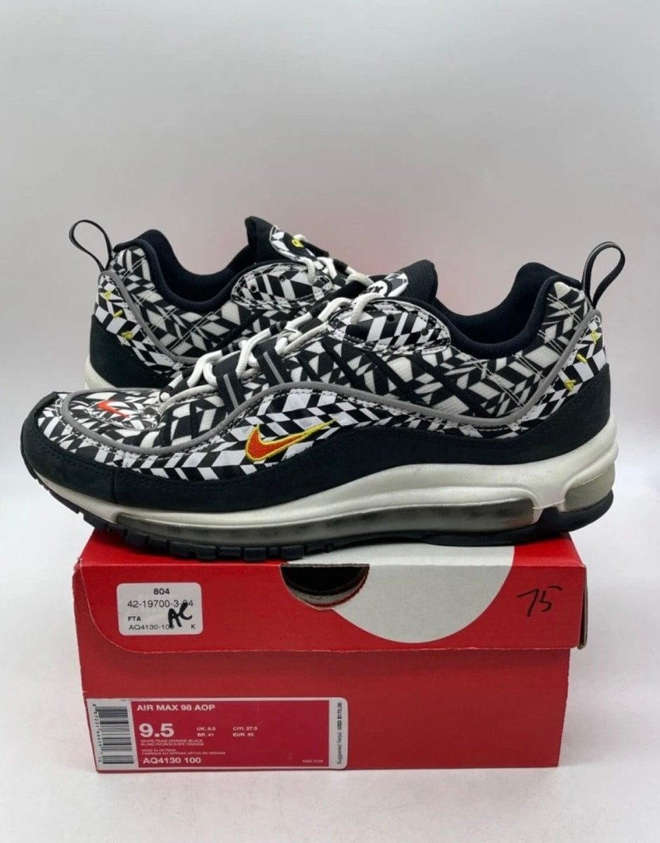 Nike Air Max 98 AOP Black 9.5 (Lightly Worn Pre-Owned)NikeWhite/Team Orange-Black - Image 2