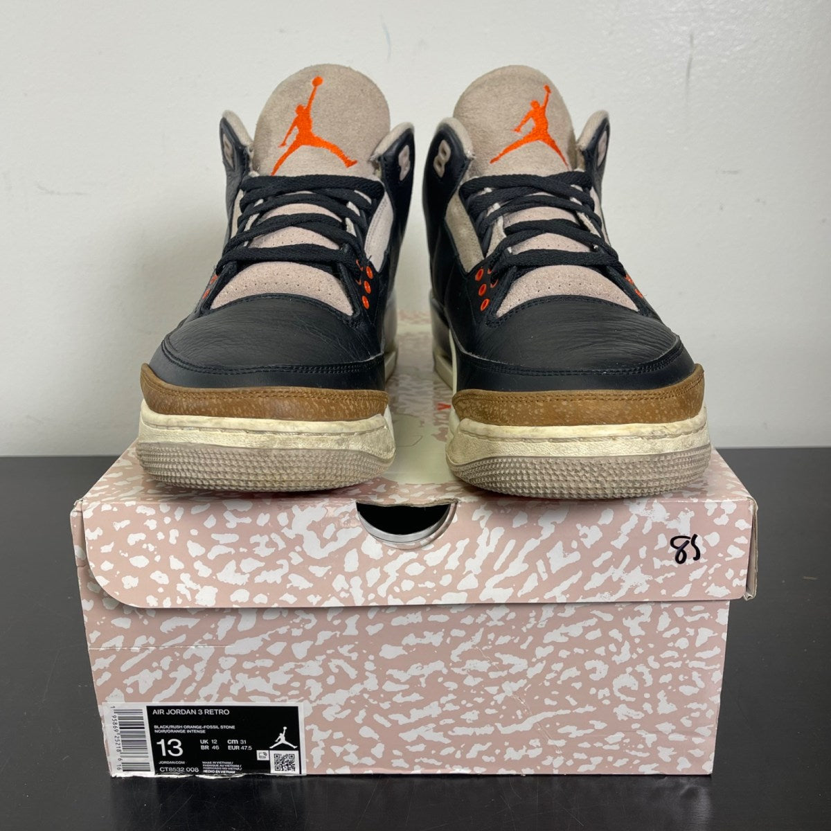 Jordan 3 Retro Desert Elephant 13 (Moderately Worn Pre-Owned)JordanBlack/Rush Orange/Fossil Stone/Sail - Image 2