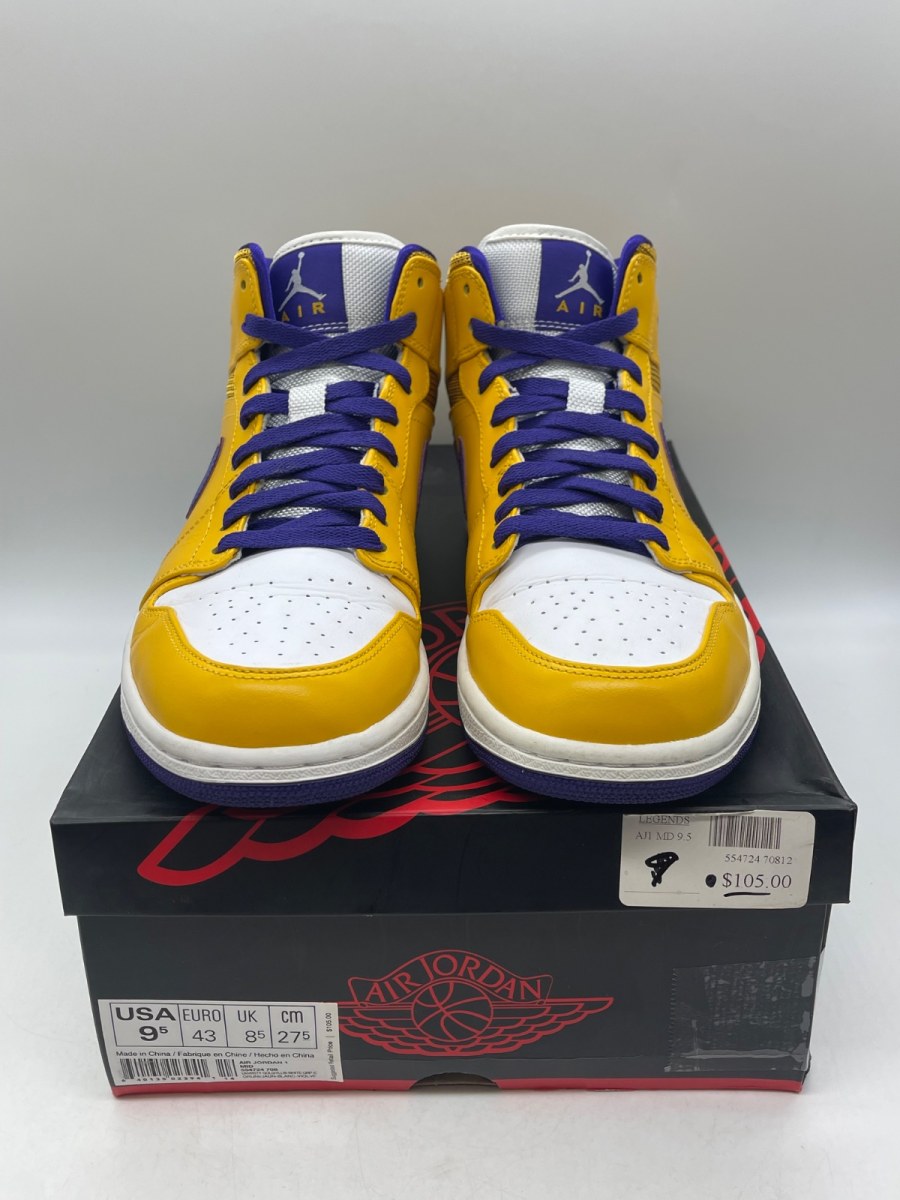 Jordan 1 Mid Lakers 9.5 (Moderately Worn Pre-Owned)JordanUniversity Gold/Tour Yellow-White-Grape Ice - Image 2