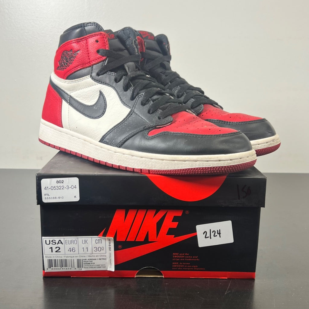 Jordan 1 Retro High Bred Toe 12 (Moderately Worn Pre-Owned)JordanGym Red/Black-Summit White - Image 1