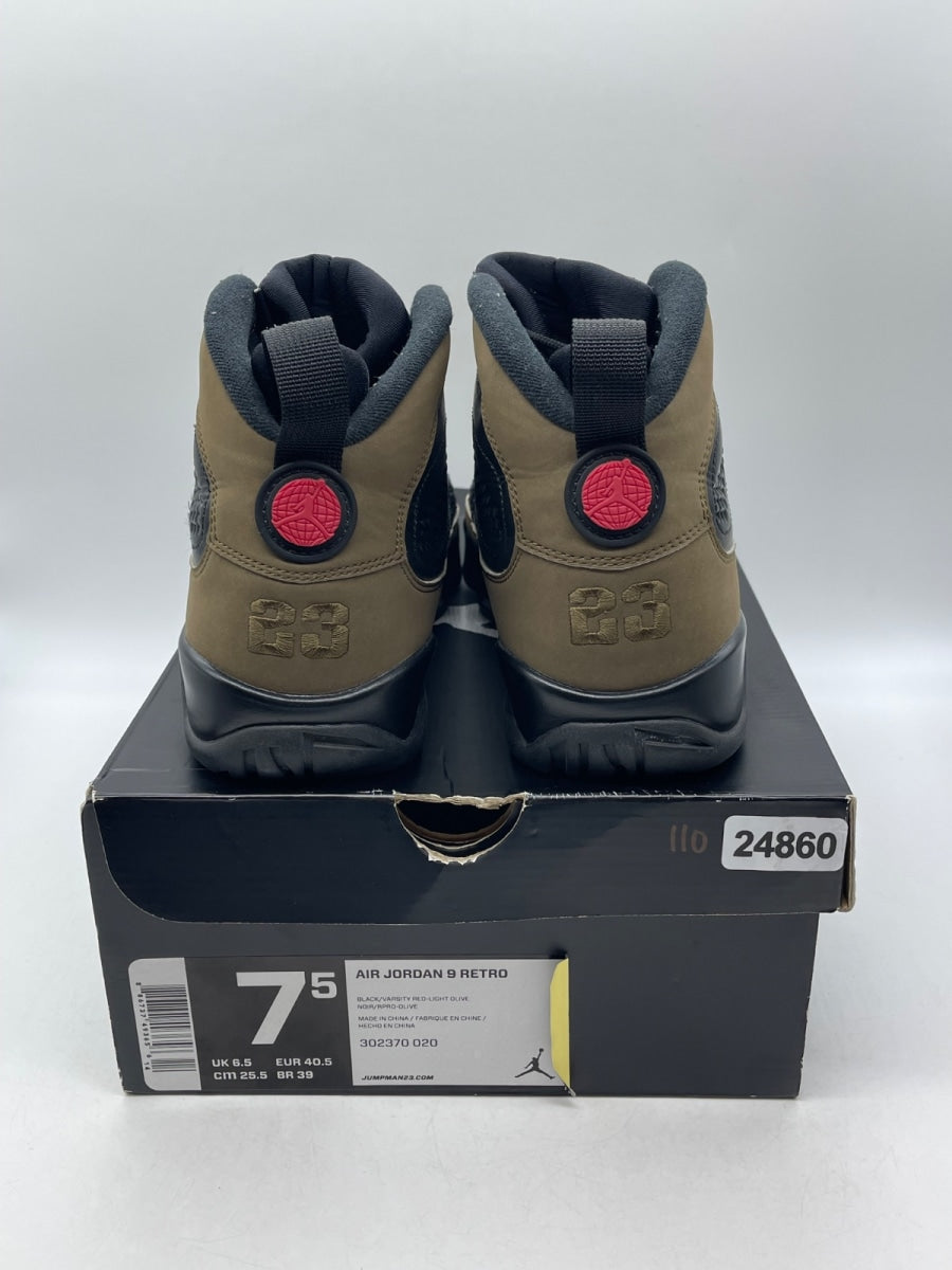 Jordan 9 Retro Olive (2012) 7.5 (Moderately Worn Pre-Owned)JordanBlack/Light Olive-Varsity Red - Image 3
