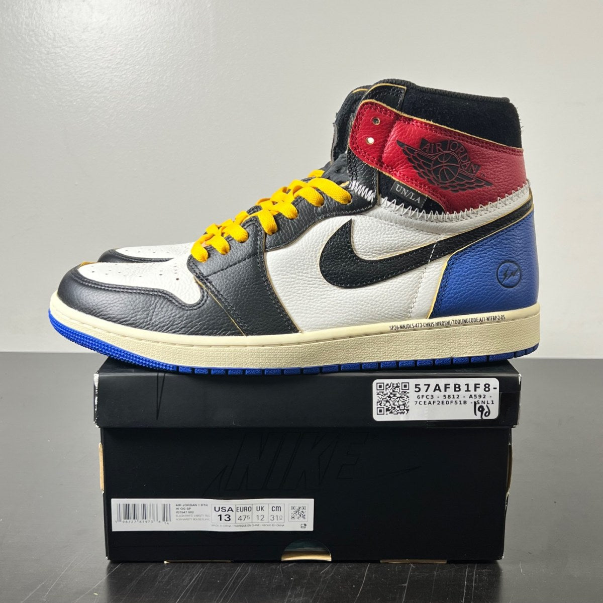 Jordan 1 Retro High OG SP Fragment x Union LA Varsity Red Sport Royal 13 (Lightly Worn Pre-Owned)JordanBlack/White/Varsity Red/Sport Royal - Image 3