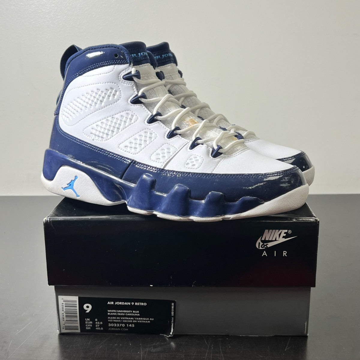 Jordan 9 Retro Pearl Blue 9 (Moderately Worn Pre-Owned)JordanWhite/University Blue-Midnight Navy - Image 1