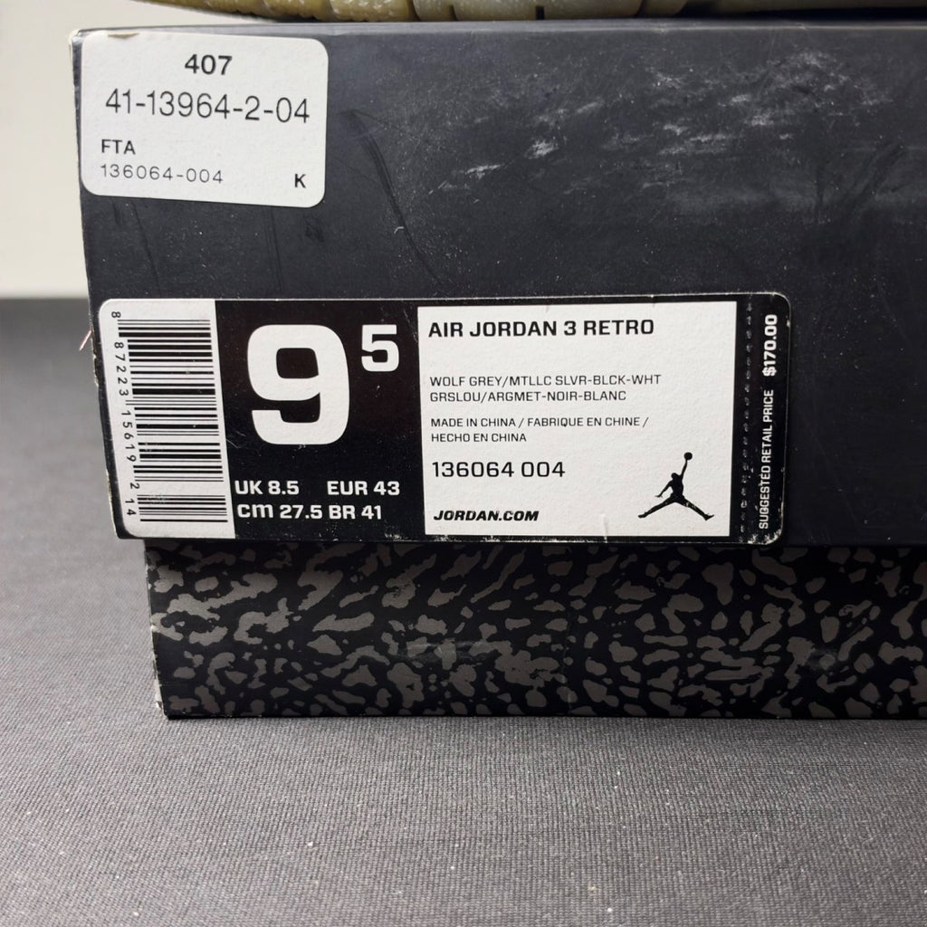 Jordan 3 Retro Wolf Grey (Size 9.5) - aux