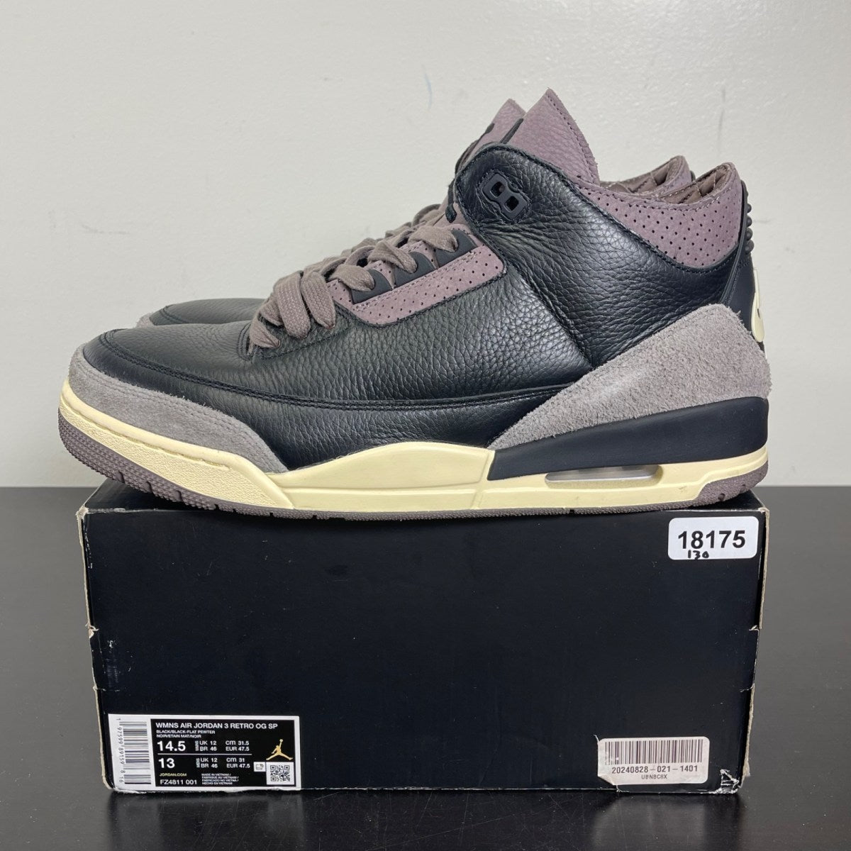 Jordan 3 Retro OG SP A Ma Maniére While You Were Sleeping (Women's) 14.5W (Moderately Worn Pre-Owned)JordanBlack/Black/Flat Pewter/Violet Ore - Image 3