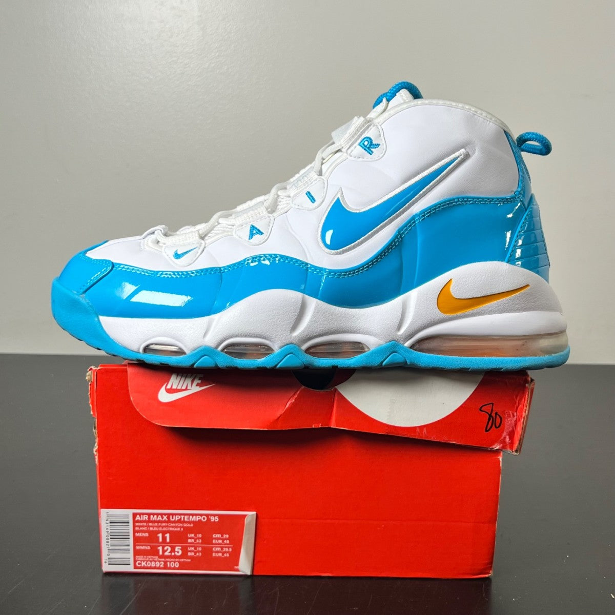 Nike Air Max Uptempo 95 Blue Fury 11 (Lightly Worn Pre-Owned)NikeWhite/Blue Fury-Canyon Gold - Image 3