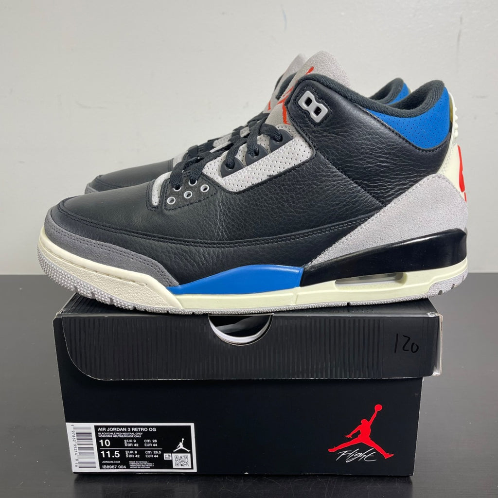 Jordan 3 Retro OG Rare Air 10 (Moderately Worn Pre-Owned)JordanBlack/Chile Red/Neutral Grey/Military Blue/Coconut Milk - Image 3