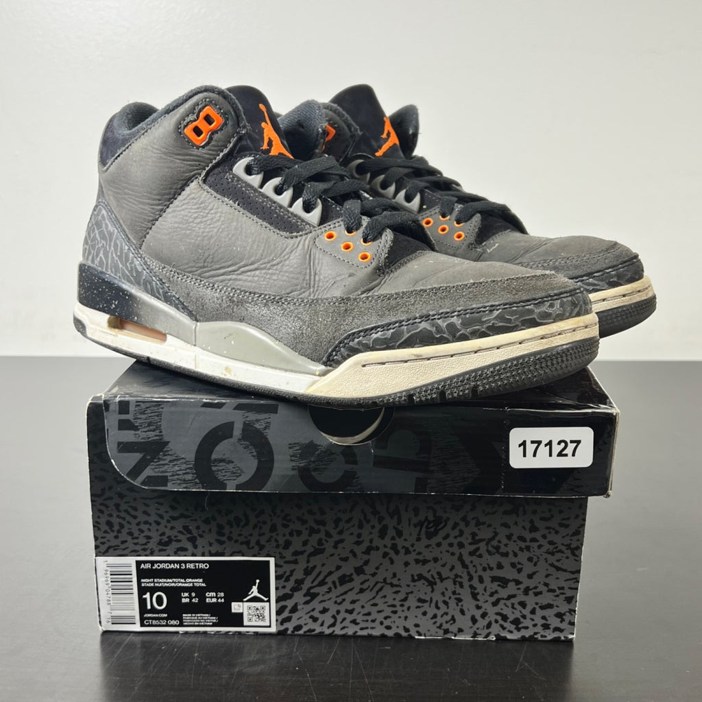Jordan 3 Retro Fear Pack (2023) 10 (Heavily Worn Pre-Owned)JordanNight Stadium/Total Orange-Black-Flat Pewter-Neutral Grey - Image 1