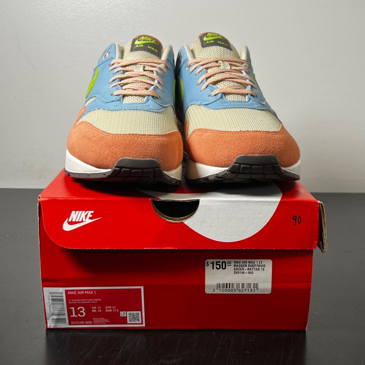Nike Air Max 1 Light Madder Root Worn Blue 13 (Lightly Worn Pre-Owned)NikeLight Madder Root/Vivid Green-Rattan - Image 2