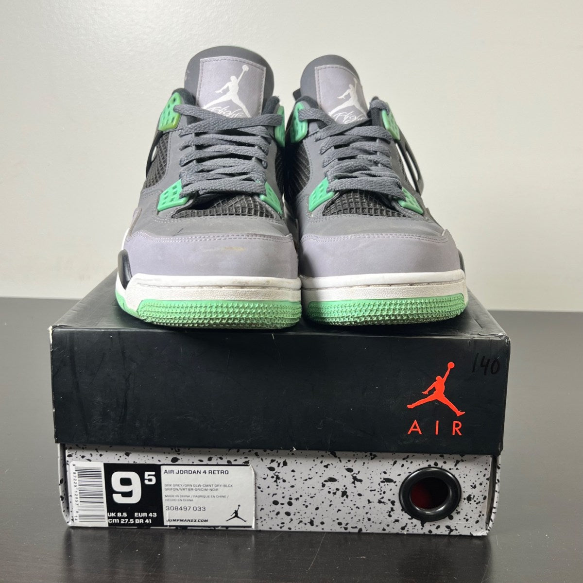 Jordan 4 Retro Green Glow 9.5 (Heavily Worn Pre-Owned)JordanDark Grey/Green Glow-Cement Grey-Black - Image 2