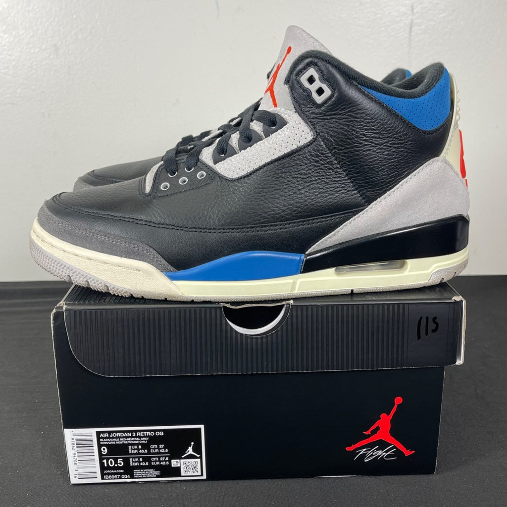 Jordan 3 Retro OG Rare Air 9 (Moderately Worn Pre-Owned)JordanBlack/Chile Red/Neutral Grey/Military Blue/Coconut Milk - Image 3