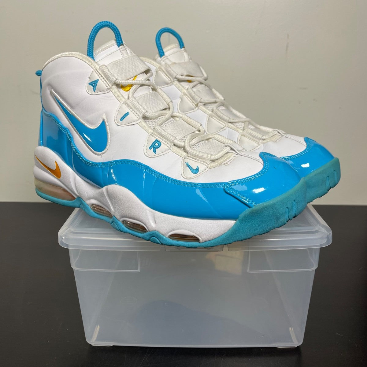 Nike Air Max Uptempo 95 Blue Fury 10.5 (Moderately Worn Pre-Owned)NikeWhite/Blue Fury-Canyon Gold - Image 1
