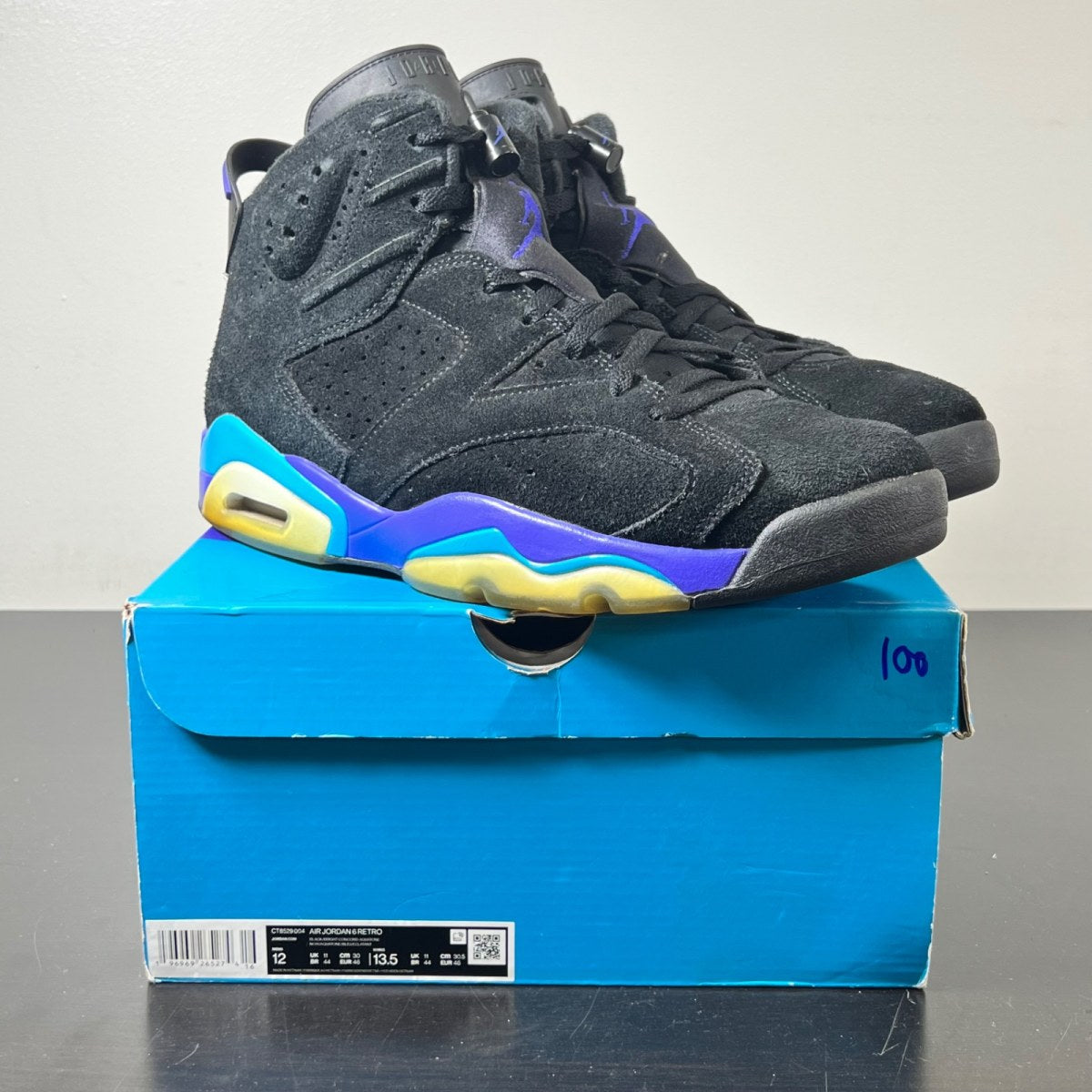Jordan 6 Retro Aqua 12 (Moderately Worn Pre-Owned)JordanBlack/Bright Concord/Aquatone - Image 1