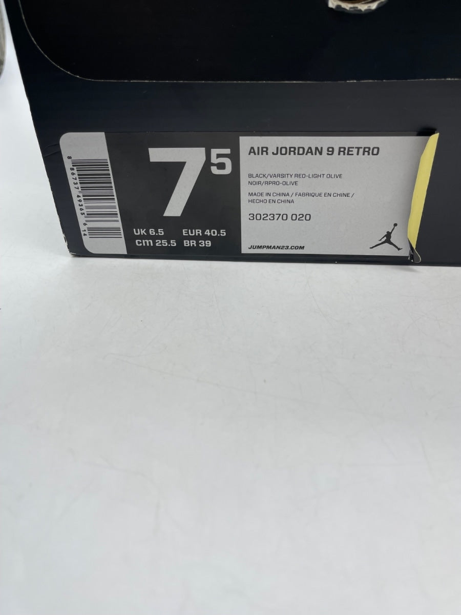 Jordan 9 Retro Olive (2012) 7.5 (Moderately Worn Pre-Owned)JordanBlack/Light Olive-Varsity Red - Image 9