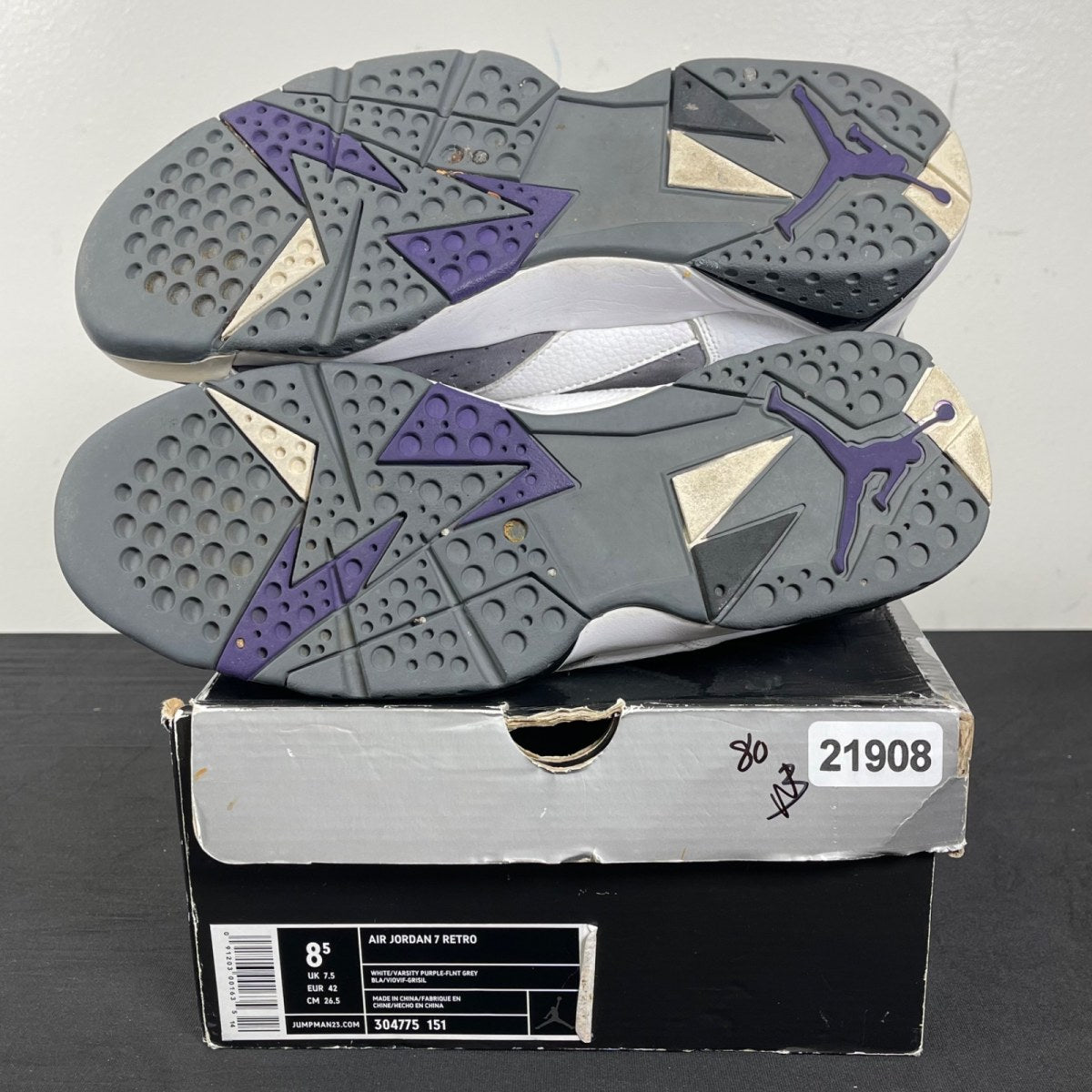 Jordan 7 Retro Flint 8.5 (Moderately Worn Pre-Owned)JordanWhite/Varsity Purple-Flint Grey - Image 5