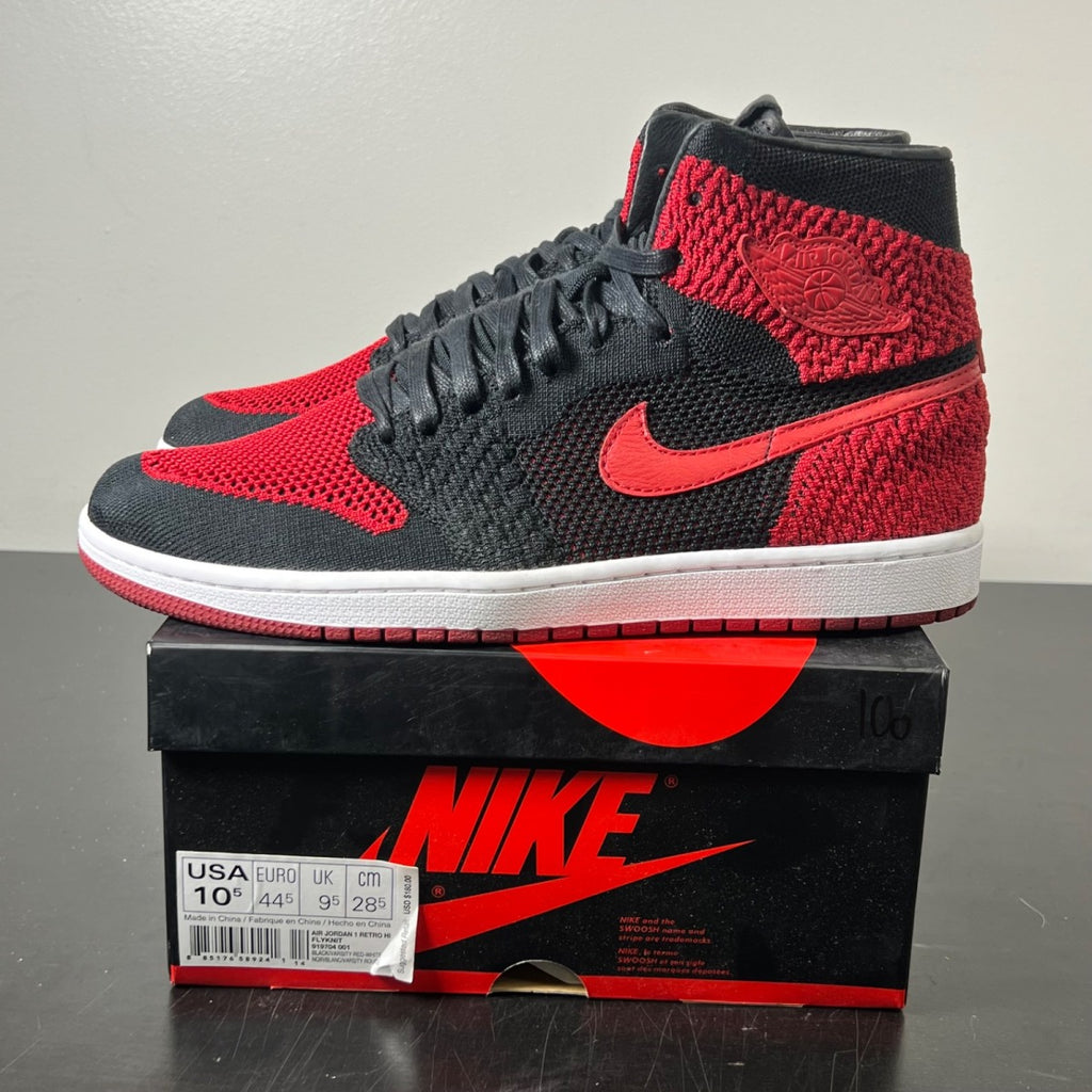 Jordan 1 Retro High Flyknit Bred 10.5 (Lightly Worn Pre-Owned)JordanBlack/Varsity Red-White - Image 3