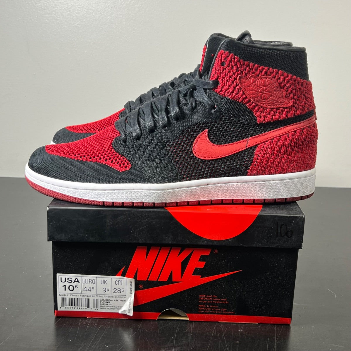 Jordan 1 Retro High Flyknit Bred 10.5 (Lightly Worn Pre-Owned)JordanBlack/Varsity Red-White - Image 3