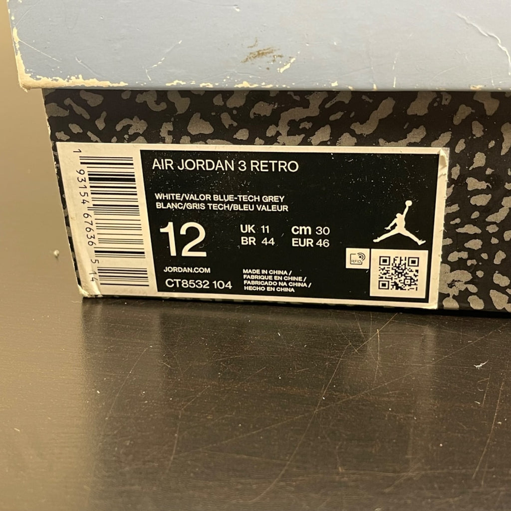 Jordan 3 Retro UNC (2020) 12 (Moderately Worn Pre-Owned)JordanWhite/Valor Blue-Tech Grey - Image 7