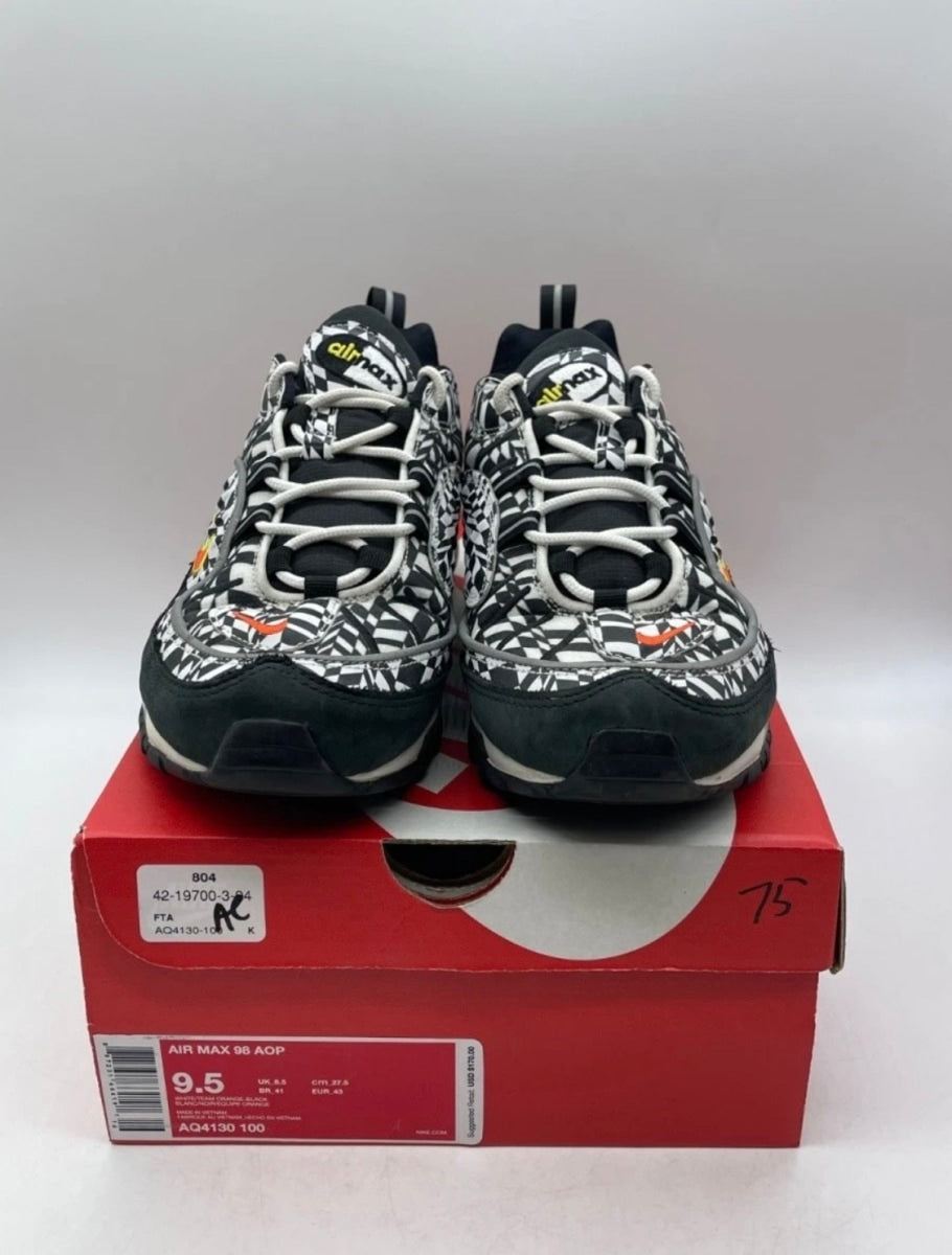 Nike Air Max 98 AOP Black 9.5 (Lightly Worn Pre-Owned)NikeWhite/Team Orange-Black - Image 1