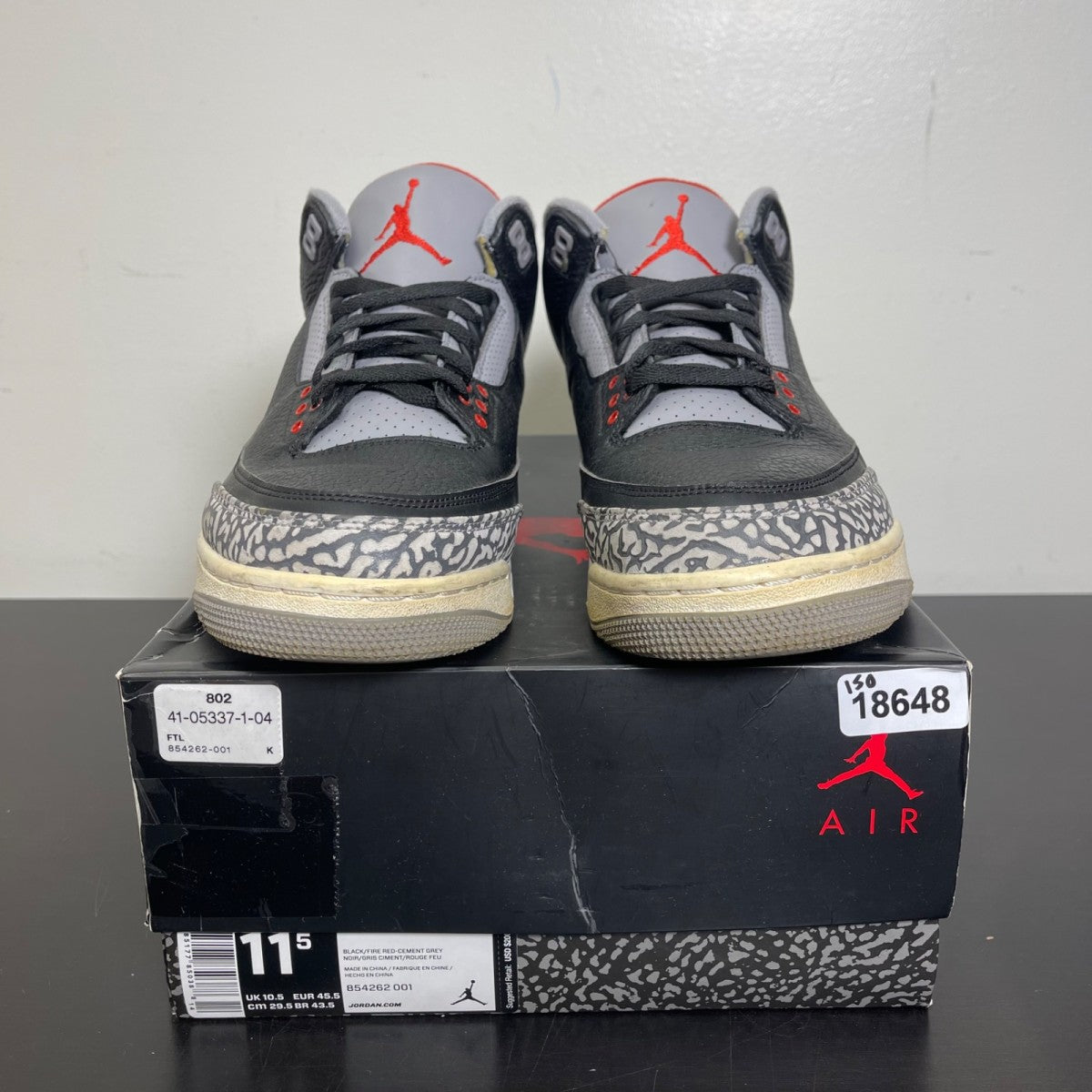 Jordan 3 Retro Black Cement (2018) 11.5 (Moderately Worn Pre-Owned)JordanBlack/Fire Red-Cement Grey-White - Image 2