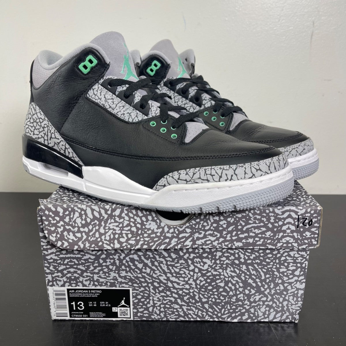 Jordan 3 Retro Green Glow 13 (Moderately Worn Pre-Owned)JordanBlack/Green Glow/Wolf Grey/White - Image 1