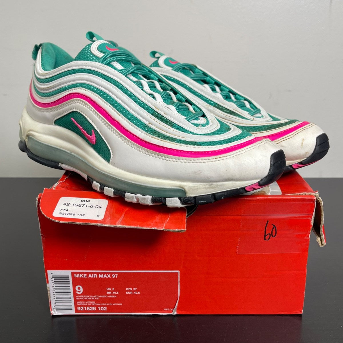 Nike Air Max 97 South Beach 9 (Moderately Worn Pre-Owned)NikeWhite/Pink Blast-Kinetic Green-Black - Image 1