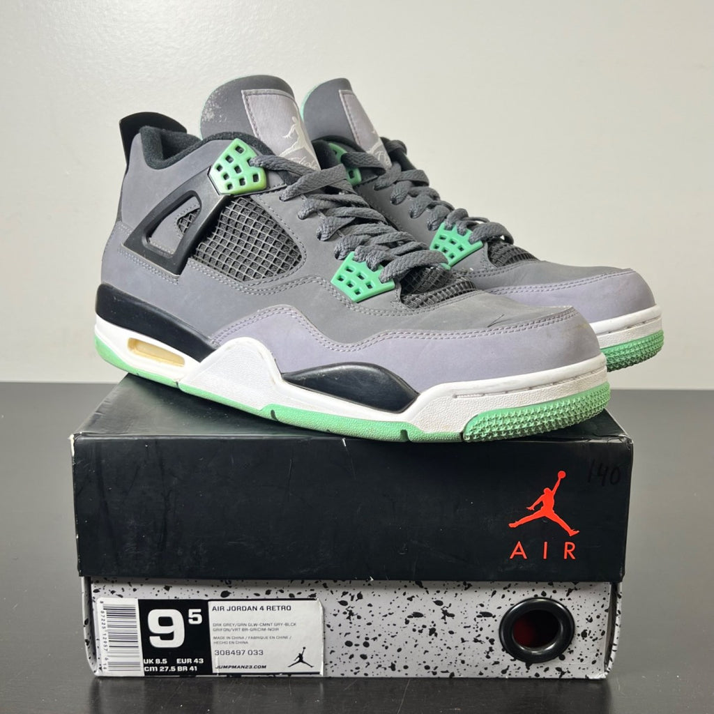 Jordan 4 Retro Green Glow 9.5 (Heavily Worn Pre-Owned)JordanDark Grey/Green Glow-Cement Grey-Black - Image 1