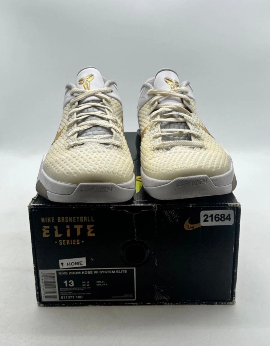 Nike Kobe 7 Elite (Home) 13 (Moderately Worn Pre-Owned)NikeWhite/Metallic Gold-Black-Neutral Grey - Image 2