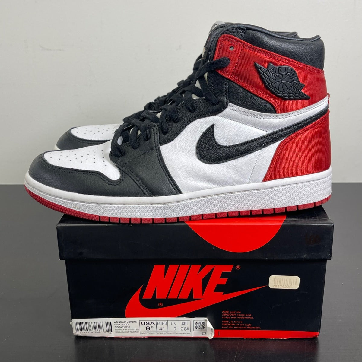 Jordan 1 Retro High Satin Black Toe (Women's) 9.5W (Moderately Worn Pre-Owned)JordanBlack/White-University Red - Image 3
