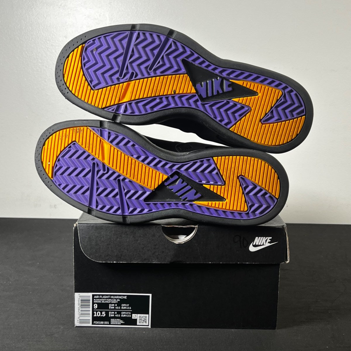 Nike Air Flight Huarache Lakers Away 9 (Lightly Worn Pre-Owned)NikeBlack/Varsity Purple/Del Sol - Image 6