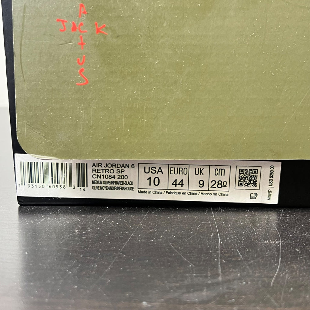 Jordan 6 Retro Travis Scott 10 (Lightly Worn Pre-Owned)JordanMedium Olive/Black-Sail-University Red - Image 5