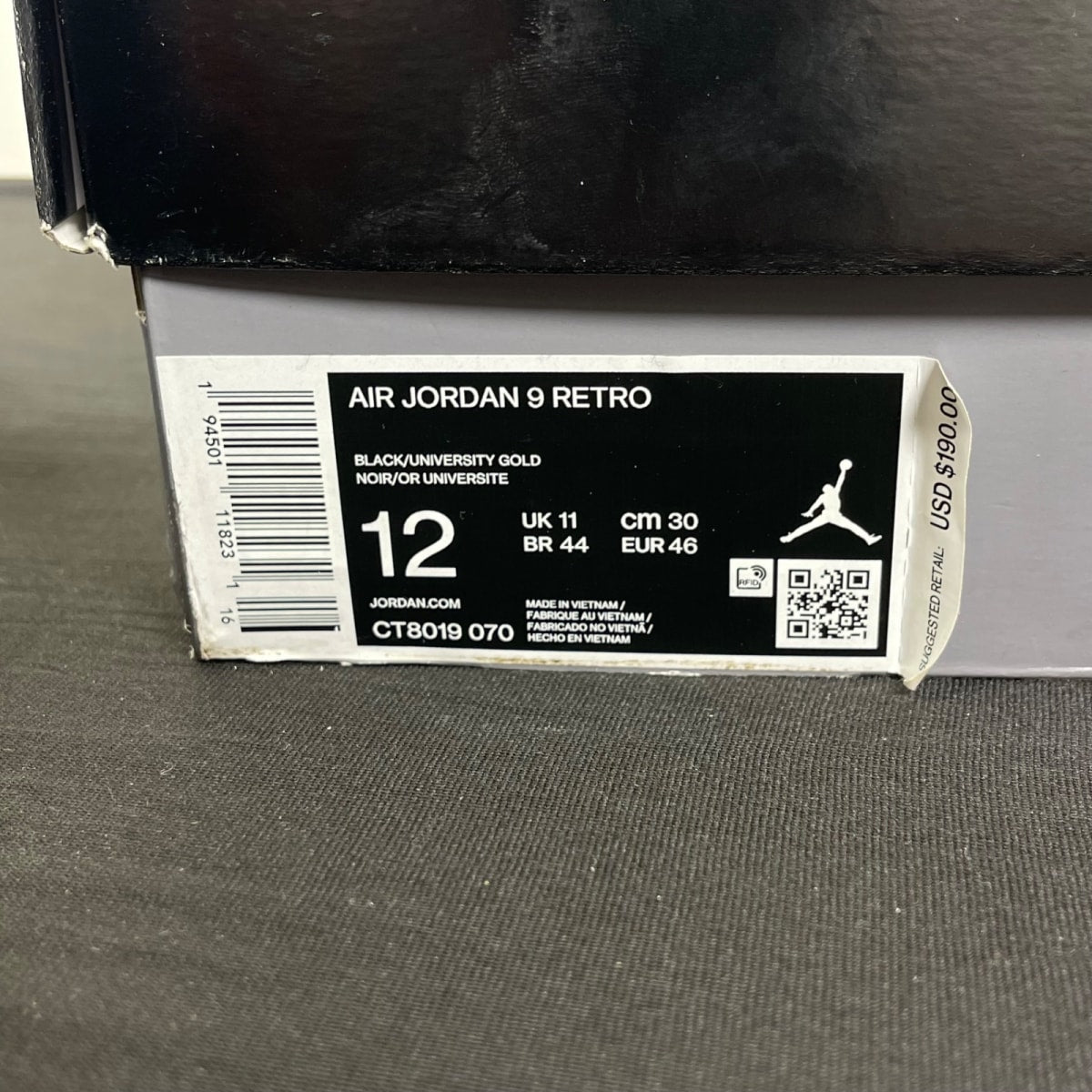 Jordan 9 Retro Dark Charcoal University Gold 12 (Moderately Worn Pre-Owned)JordanBlack/Dark Charcoal-University Gold - Image 7