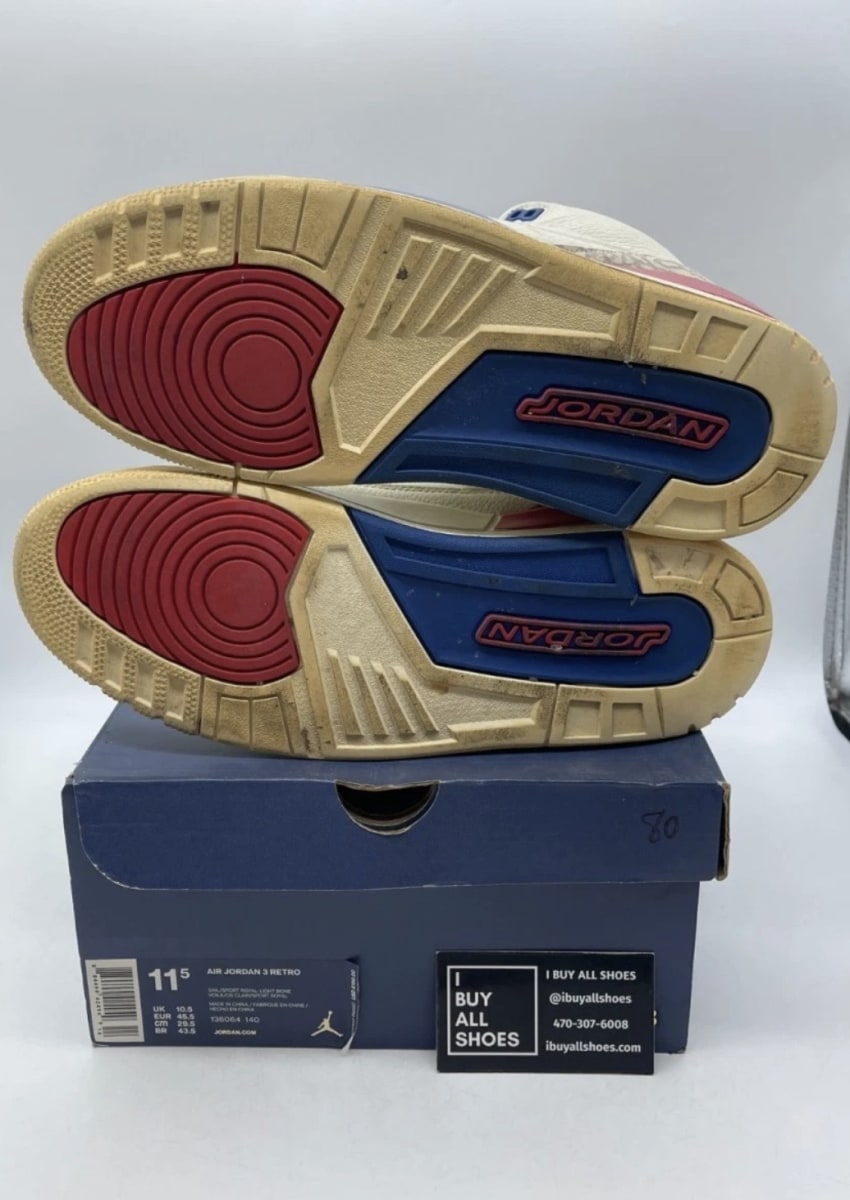 Jordan 3 Retro International Flight 11.5 (Heavily Worn Pre-Owned)JordanSail/Sport Royal-Light Bone-Fire Red - Image 7