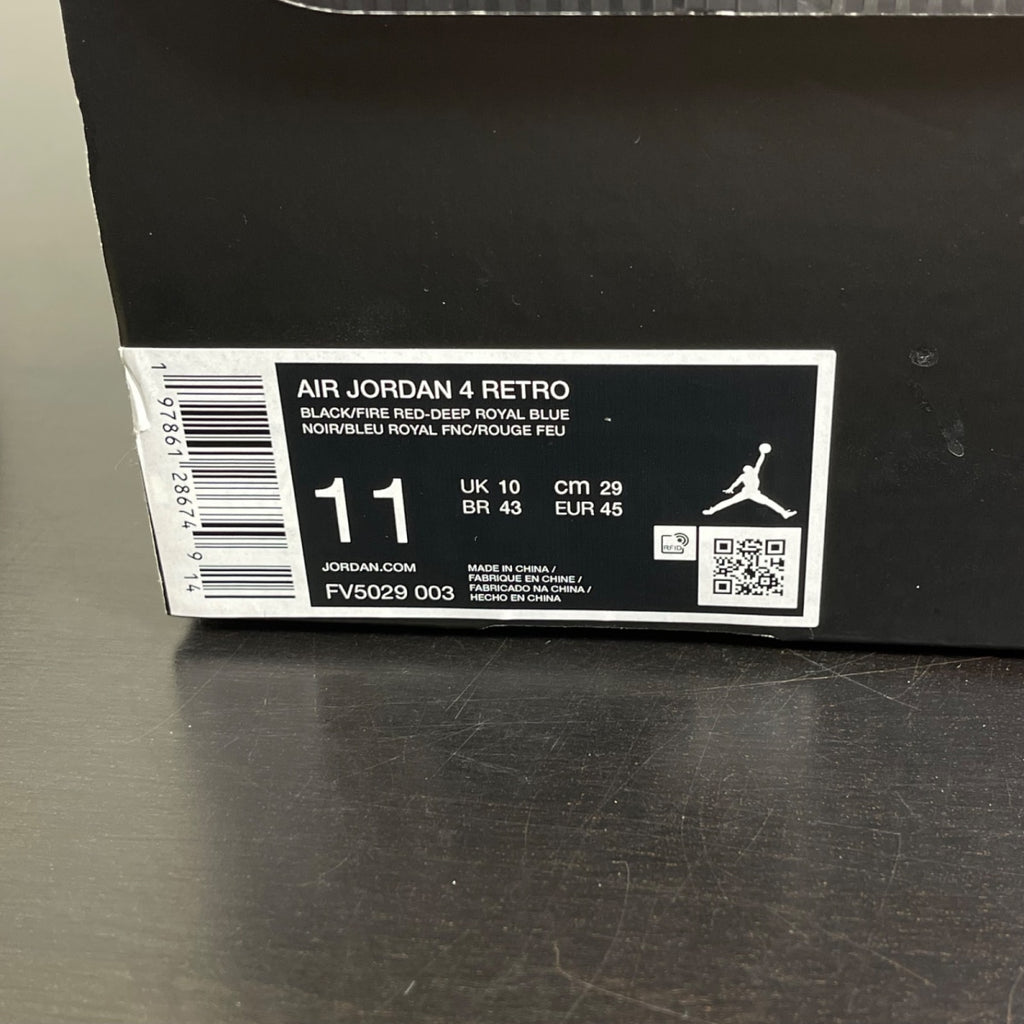 Jordan 4 Retro Rare Air (Gold Lettering) 11 (Moderately Worn Pre-Owned)JordanBlack/Fire Red/Deep Royal Blue/Dark Smoke Grey/Tech Grey - Image 7