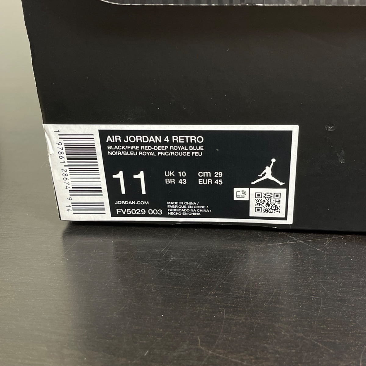 Jordan 4 Retro Rare Air (Gold Lettering) 11 (Moderately Worn Pre-Owned)JordanBlack/Fire Red/Deep Royal Blue/Dark Smoke Grey/Tech Grey - Image 7