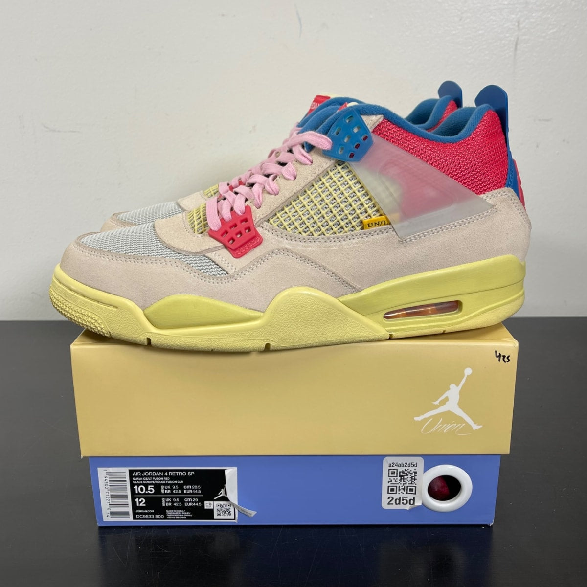 Jordan 4 Retro Union Guava Ice 10.5 (Moderately Worn Pre-Owned)JordanGuava Ice/Light Bone-Brigade Blue-Light Fusion Red - Image 3