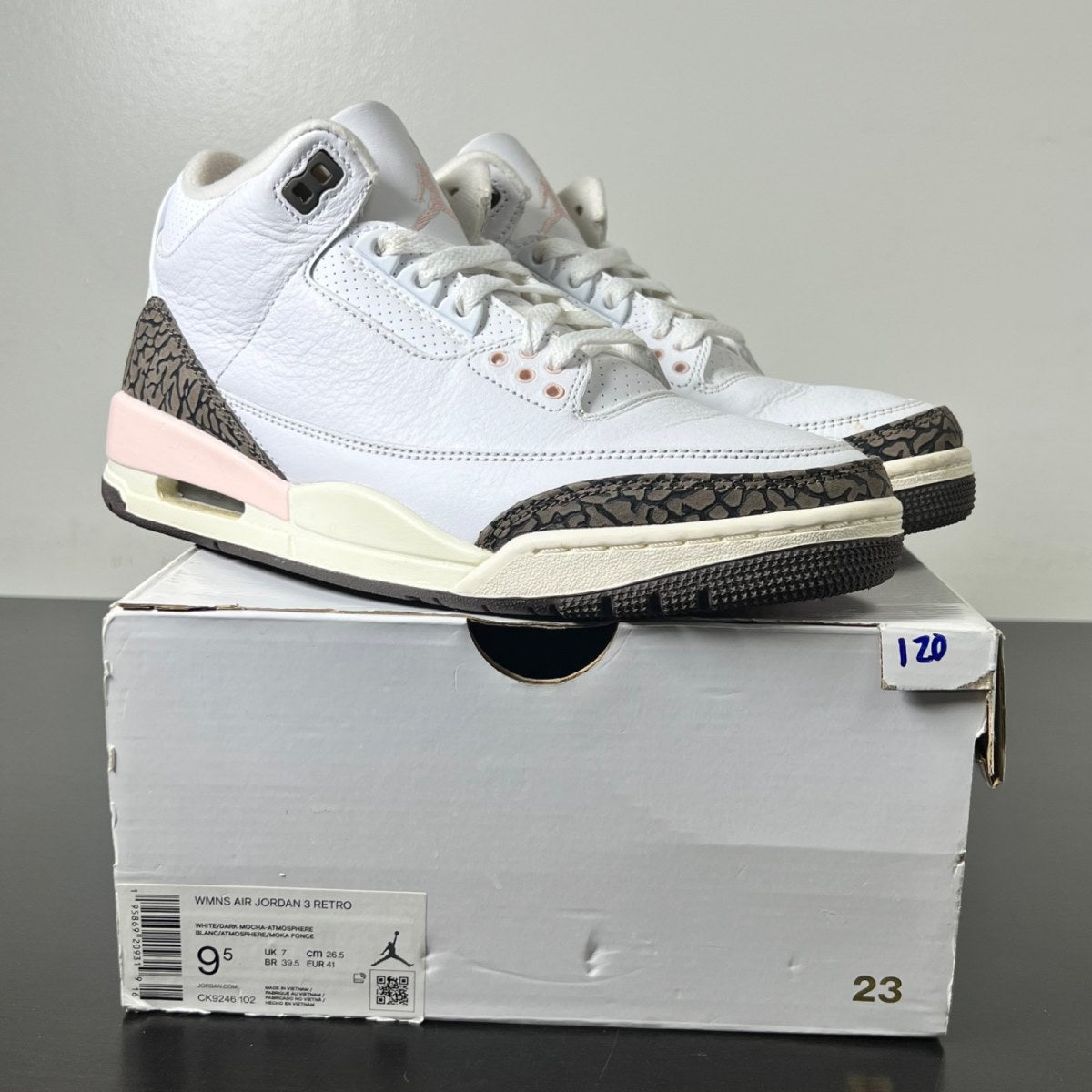 Jordan 3 Retro Neapolitan Dark Mocha (Women's) 9.5W (Lightly Worn Pre-Owned)JordanWhite/Dark Mocha-Atmosphere-Sail - Image 1
